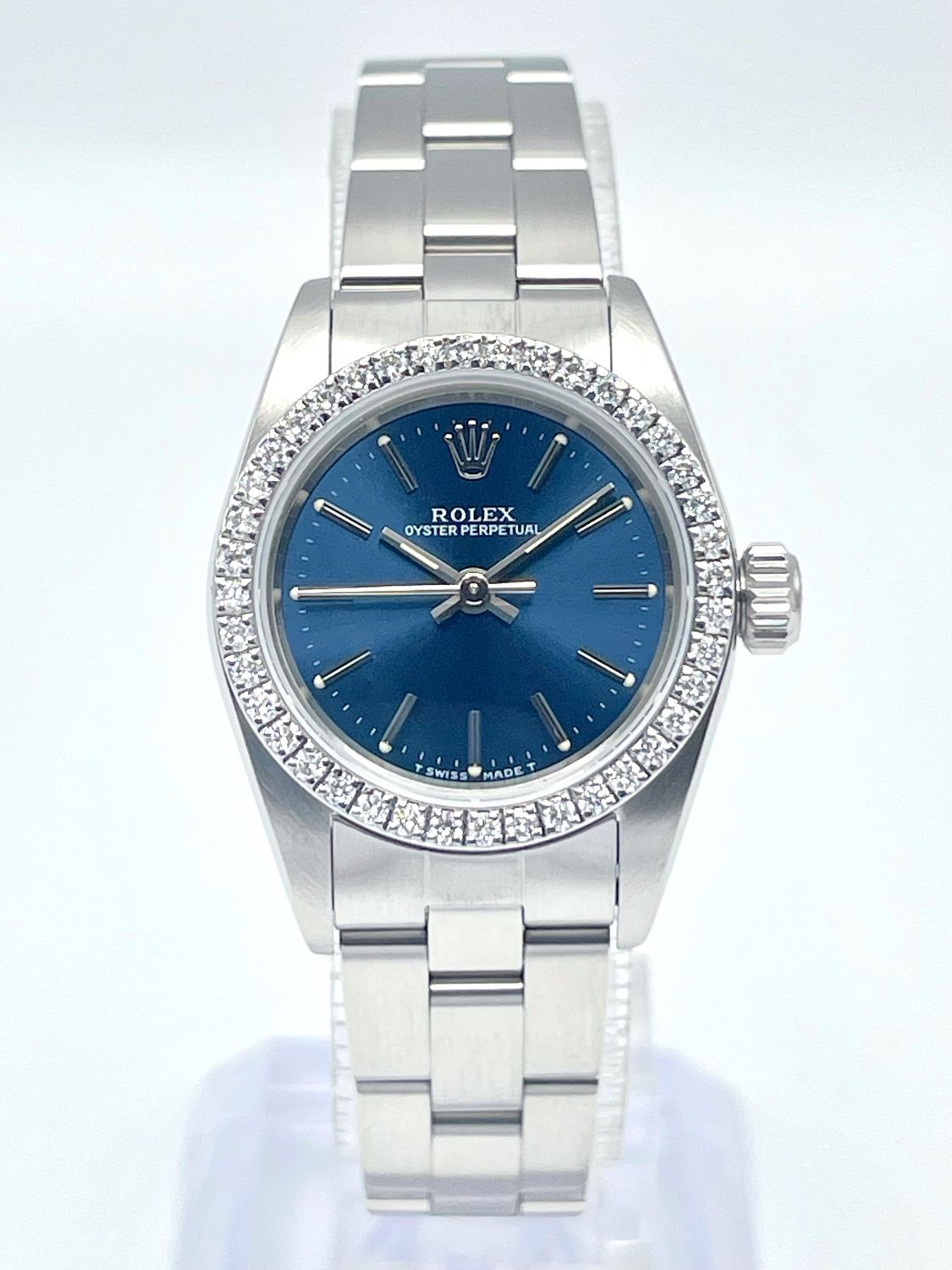 Rolex Oyster Perpetual 67180 24mm Blue Baton Dial Diamond Bezel Box