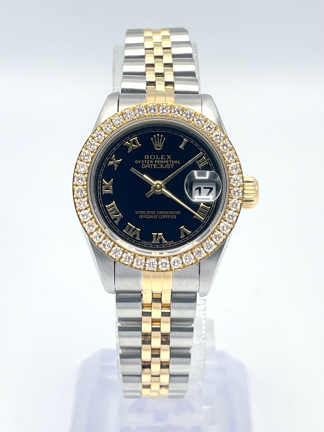 Rolex Datejust 26mm 79173 Black Pyramid Roman Dial Diamond Bezel Two Tone Papers