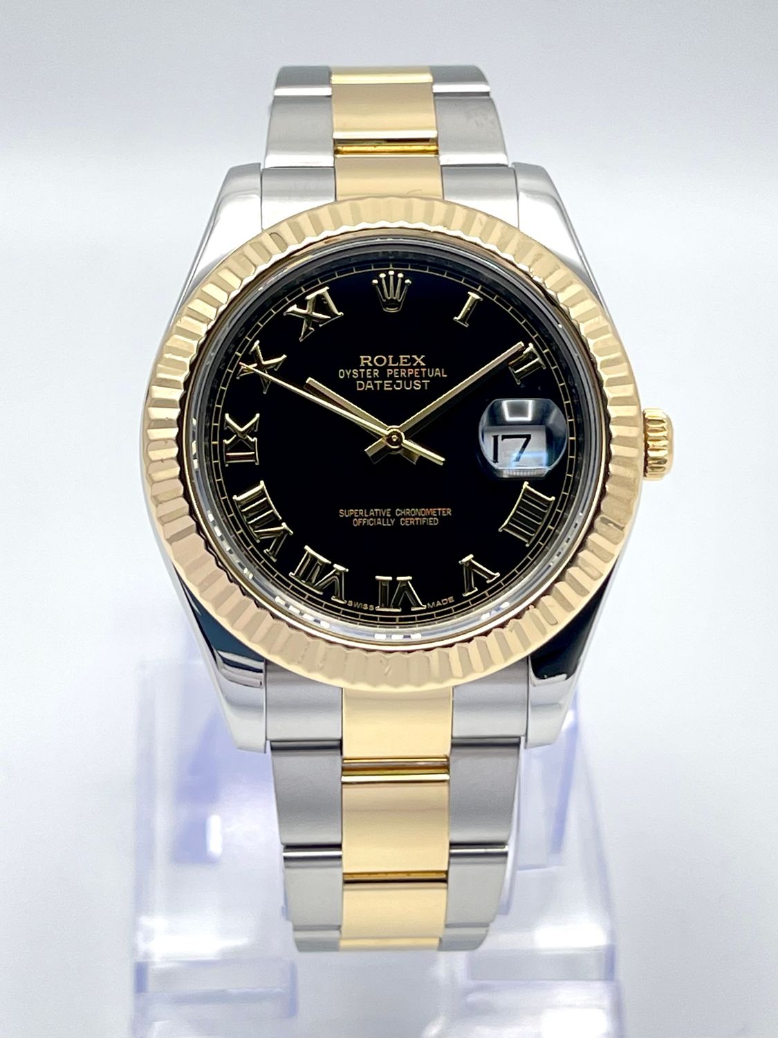 Gents Rolex Datejust II 116333 41mm Roman Black Dial Fluted Bi Metal Gold Papers