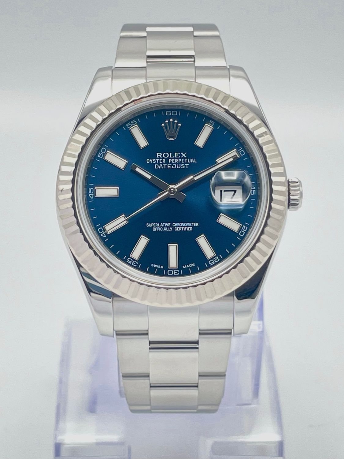 Rolex Datejust II Stainless Steel Blue Baton Dial Fluted Bezel 116334 Papers
