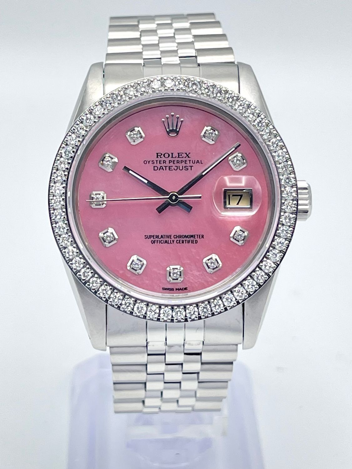 Rolex Datejust 16014 36mm Pink MOP Diamond Dial Diamond Bezel Jubilee Box