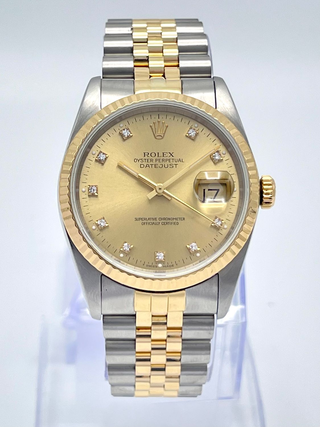 Rolex Datejust 16233 36mm Factory Champagne Diamond Dial Jubilee Fluted Box