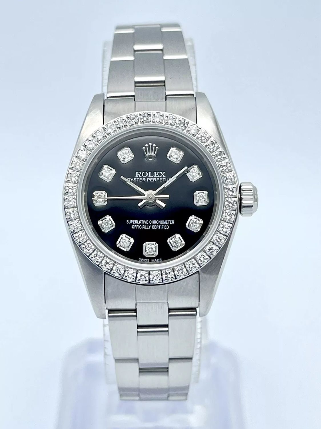 Rolex Oyster Perpetual 76080 24mm Black Diamond Dial Diamond Bezel Box