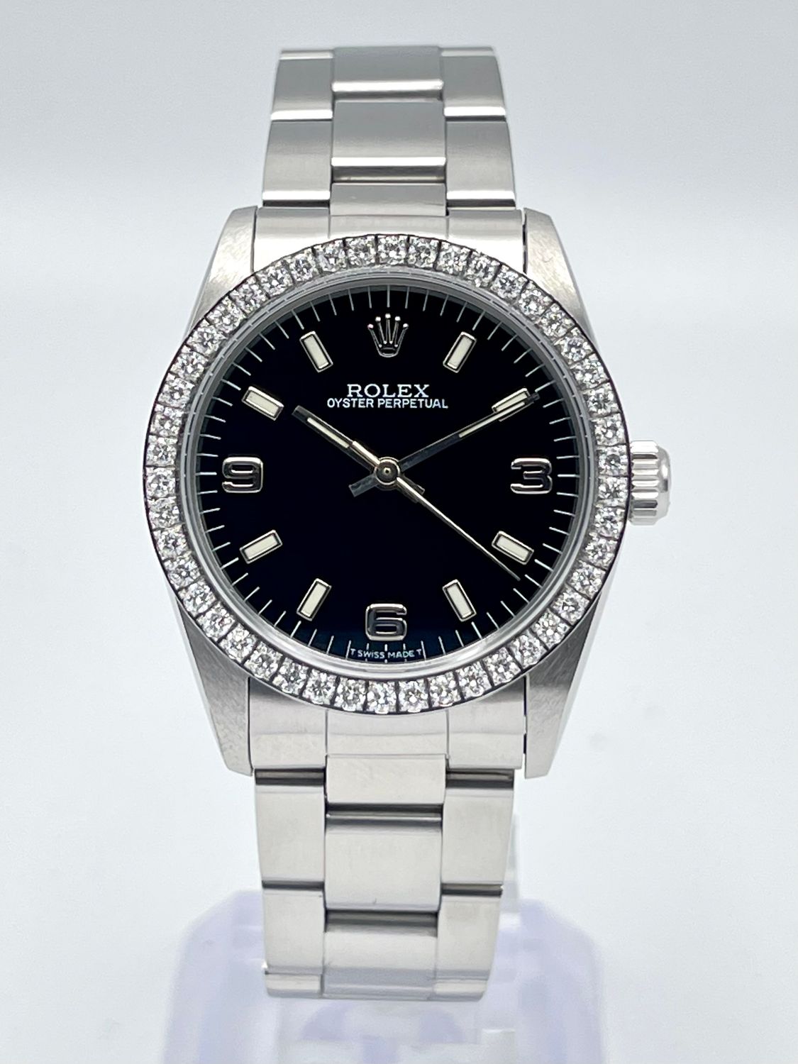 Ladies Rolex OP 31mm 67480 Black Arabic Dial Diamond Bezel Oyster Papers