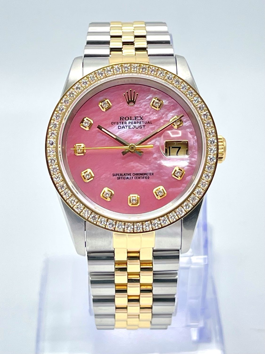Rolex Datejust 16233 36mm Pink MOP Diamond Dial Two Tone Jubilee Diamond Bezel