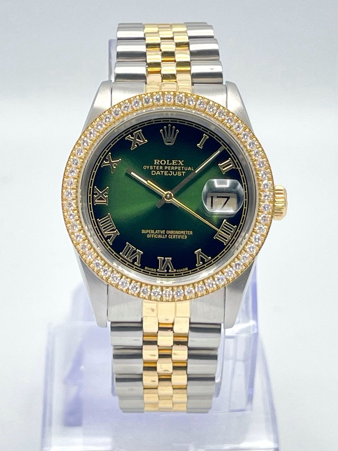 Rolex Datejust 16233 36mm Green Vignette Dial Bi-Metal Jubilee Diamond Bezel Box