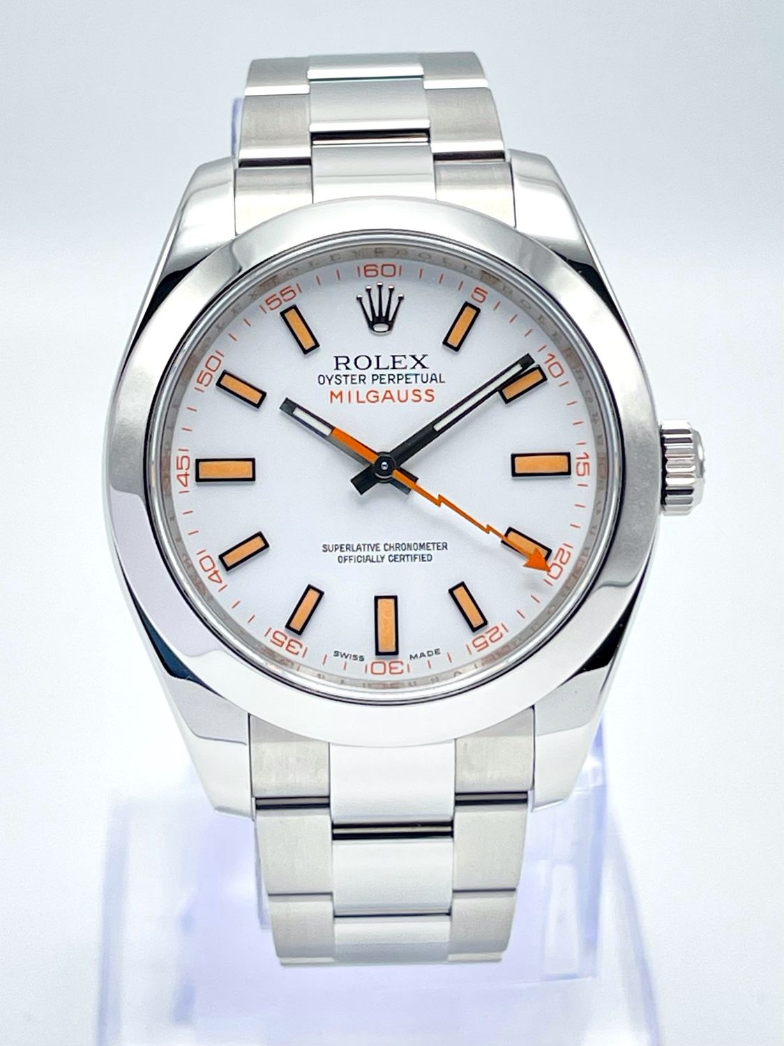 Rolex Milgauss 116400 40mm White Dial Smooth Bezel Stainless Steel Oyster Box