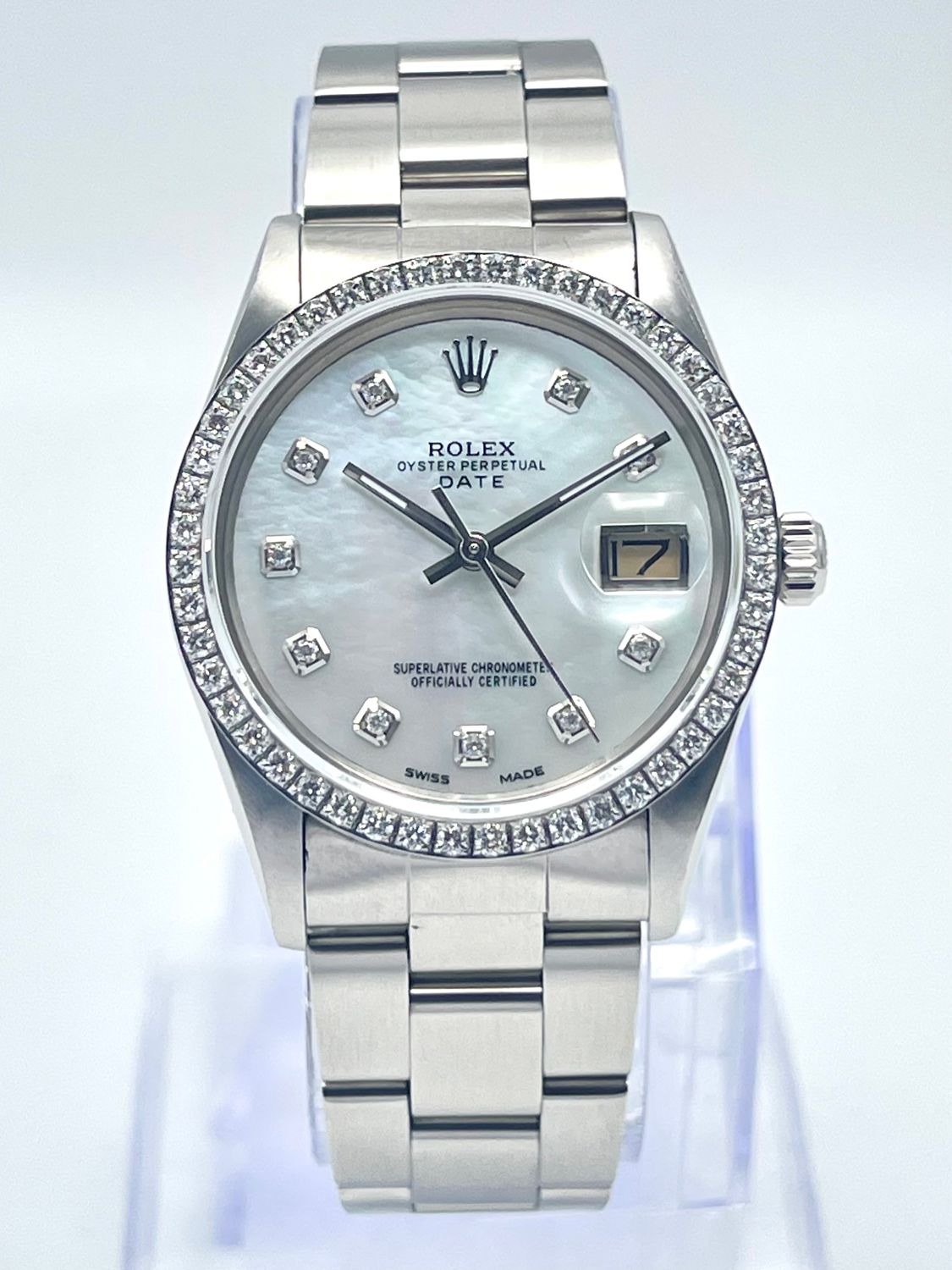 Rolex Oyster Date 34mm 15010 MOP Diamond Dial &amp; Diamond Bezel Datejust Box