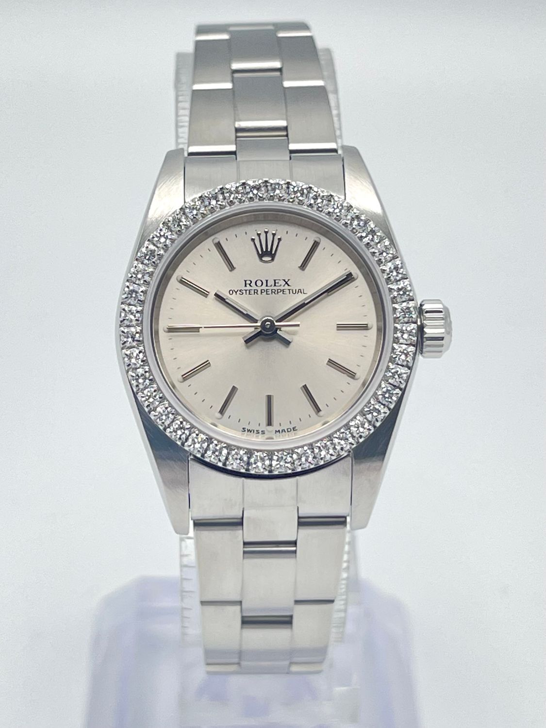 Rolex Oyster Perpetual 76030 24mm Silver Baton Silver Dial Diamond Bezel Box