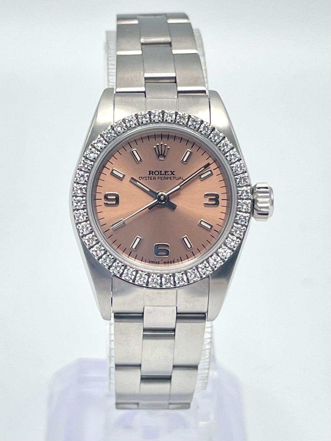 Rolex Oyster Perpetual 67180 24mm Salmon Arabic Dial Diamond Bezel Box