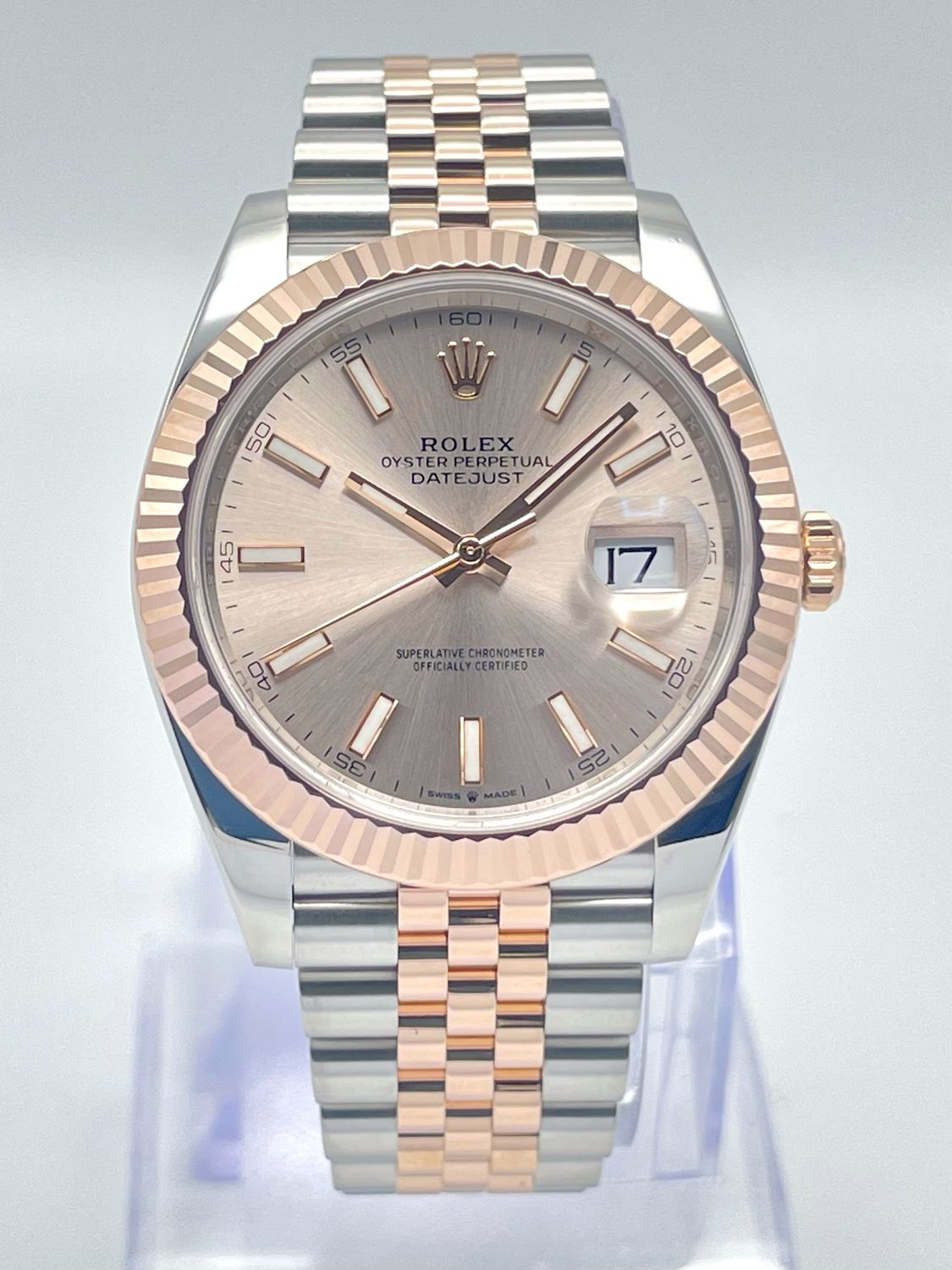 Rolex Datejust 126331 Bi-Metal Everose 41mm Sundust Baton Dial Jubilee Papers
