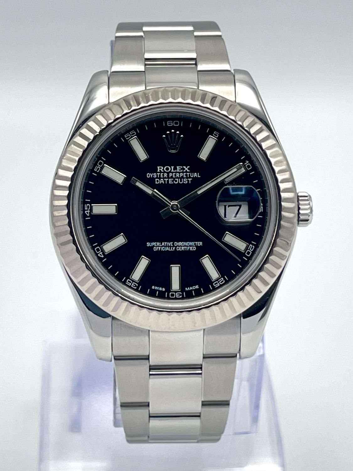 Rolex Datejust II 41mm Stainless Steel Black Baton Dial Fluted Bezel 116334 Box