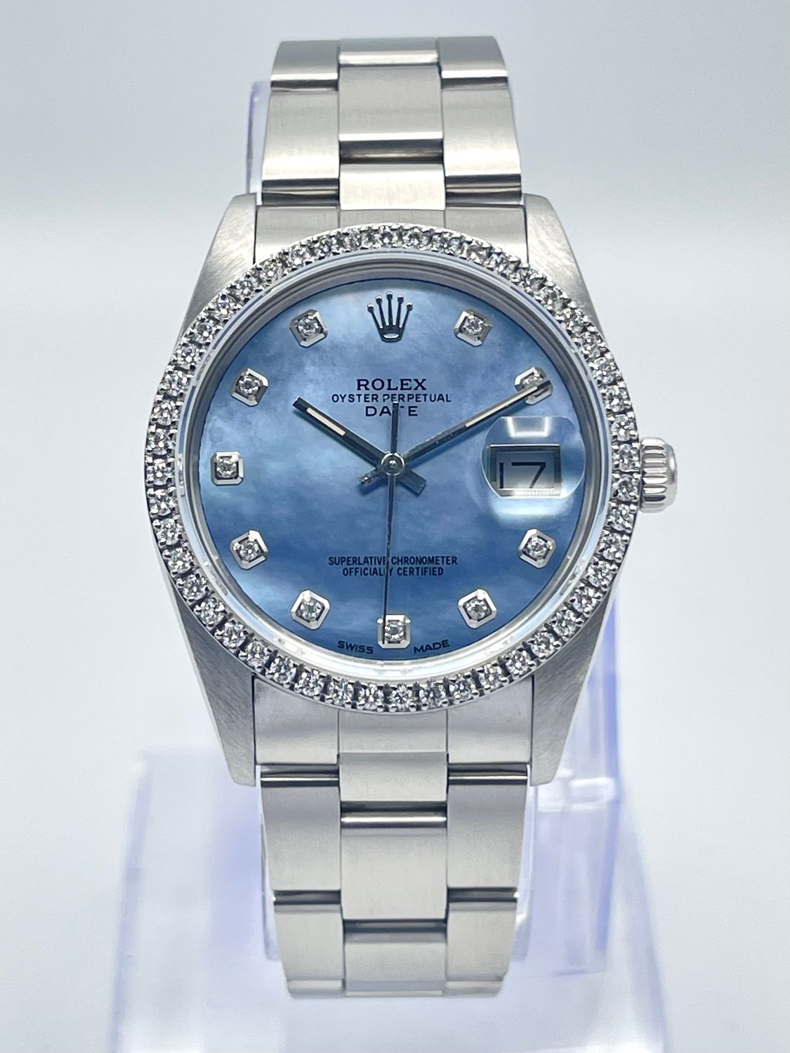 Rolex Oyster Date 34mm 15000 Blue MOP Diamond Dial &amp; Diamond Bezel Datejust Box