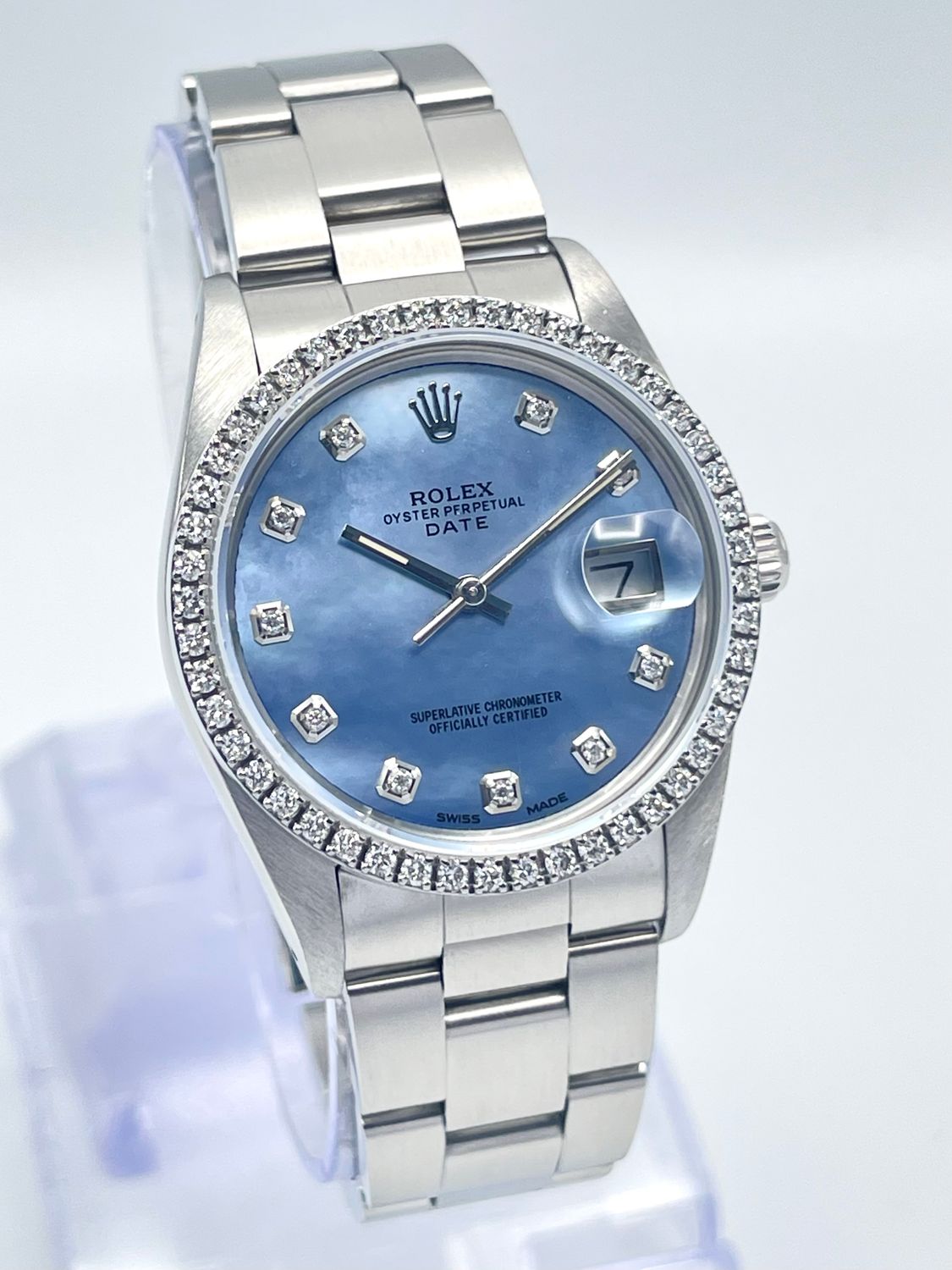 Rolex Oyster Date 34mm 15000 Blue MOP Diamond Dial &amp; Diamond Bezel Datejust Box
