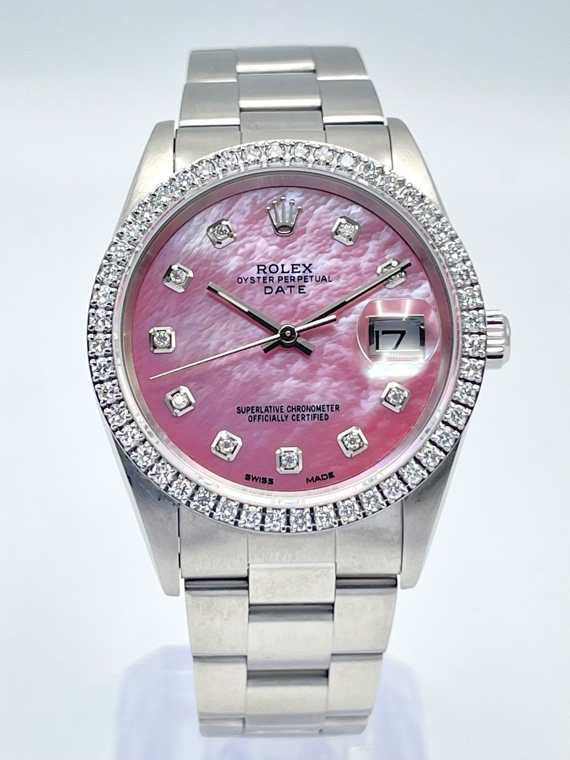 Rolex Oyster Date 34mm 15210 Pink MOP Diamond Dial &amp; Diamond Bezel Datejust Box