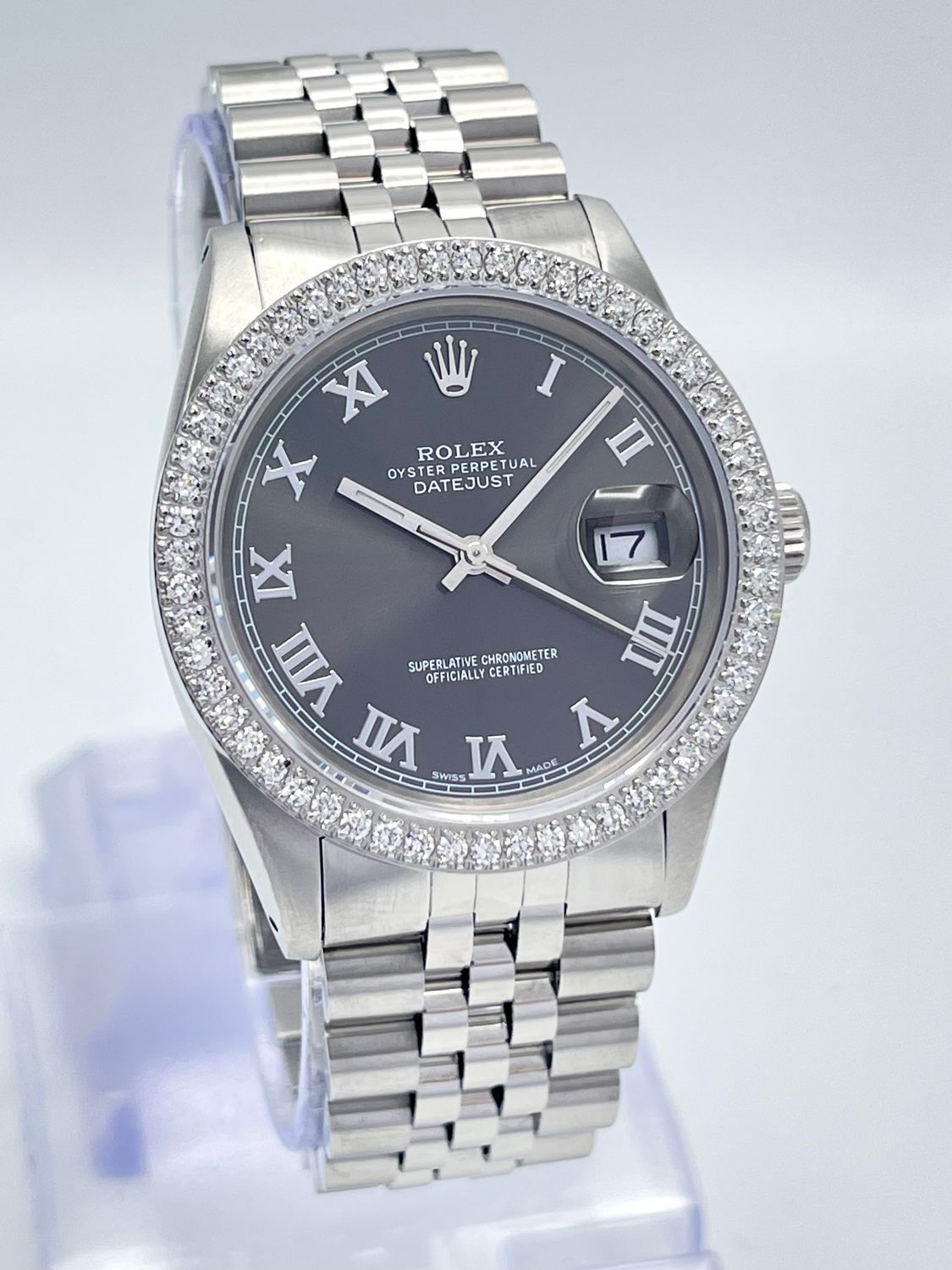 Rolex Datejust 16014 36mm Grey Roman Dial Diamond Bezel Jubilee Box