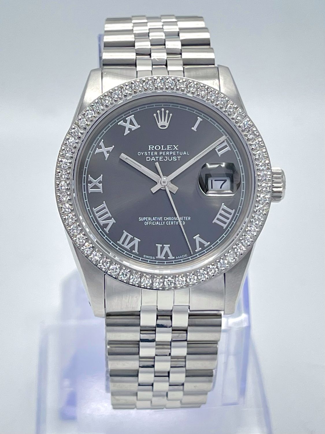 Rolex Datejust 16014 36mm Grey Roman Dial Diamond Bezel Jubilee Box