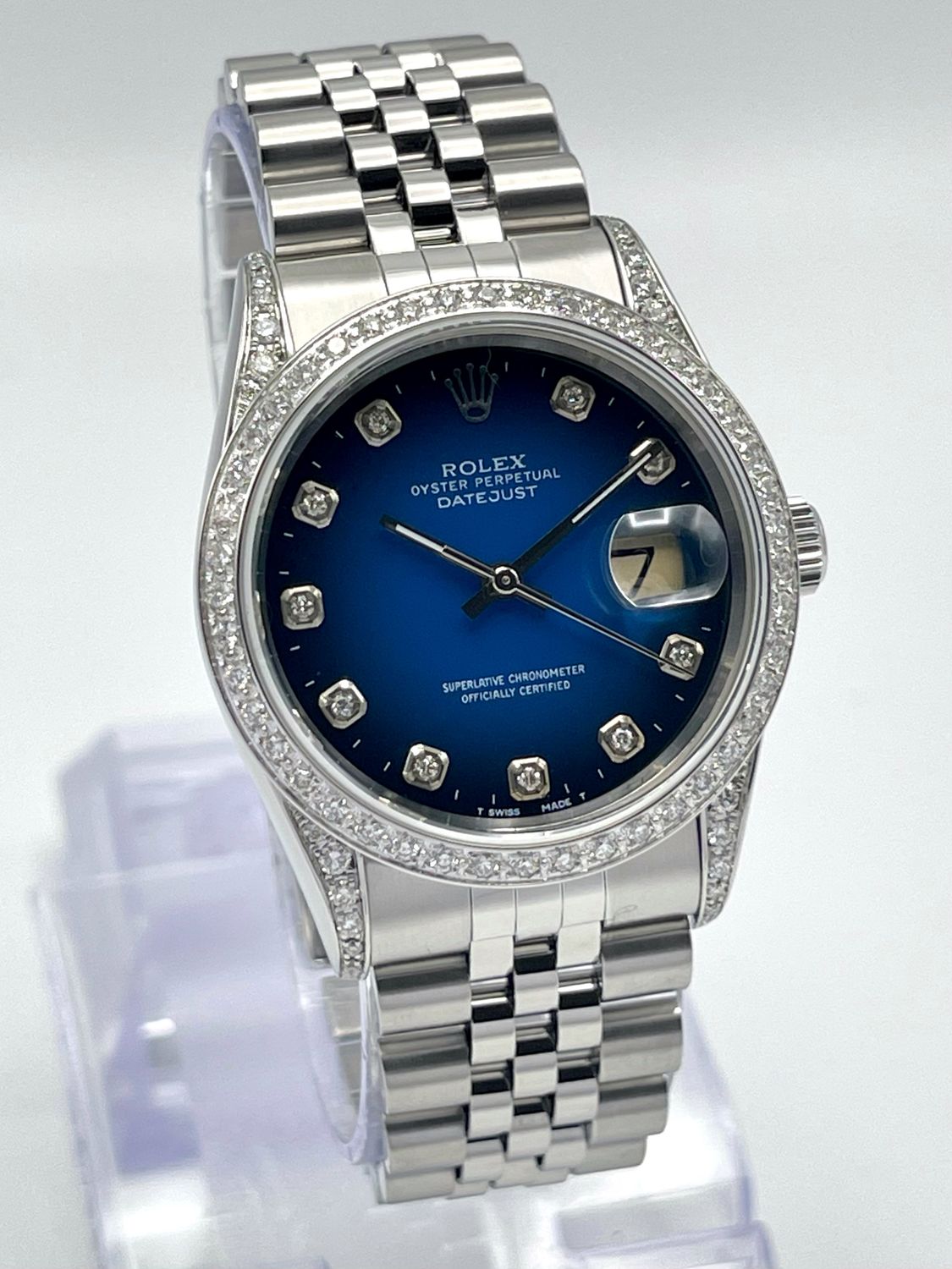 Rolex Datejust 16234 36mm Blue Vignette Diamond Dial Jubilee Diamond Bezel Diamond Lugs &amp; Shoulders Box