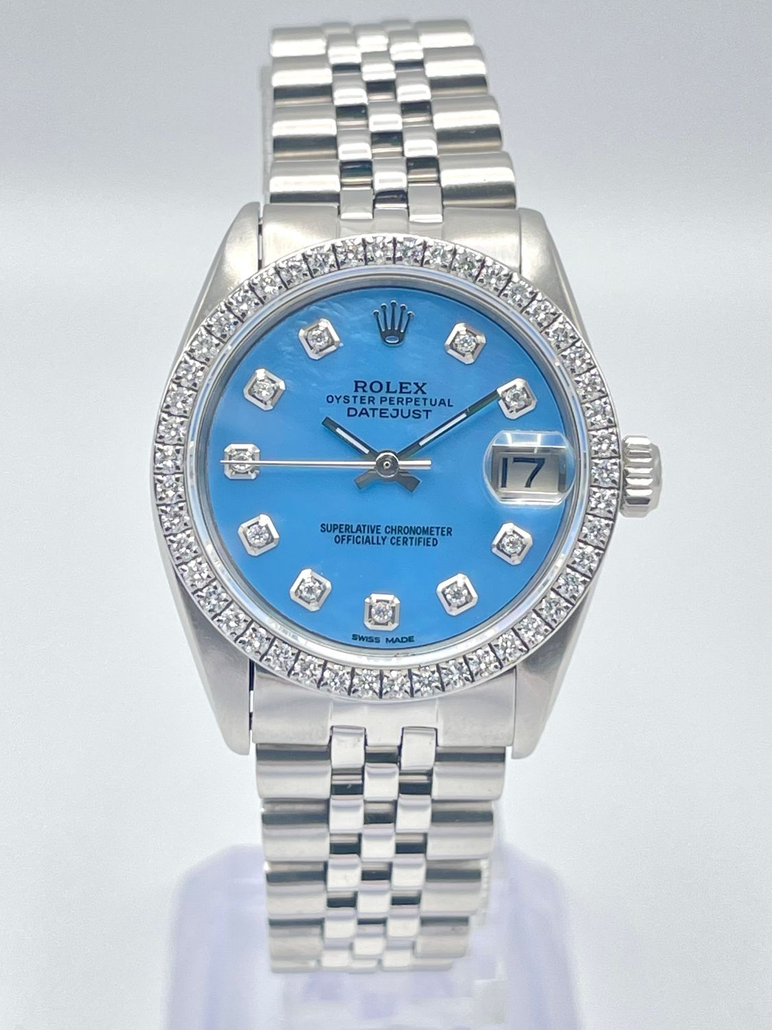 Ladies Rolex Datejust 31mm 6824 Blue MOP Dial Diamond Bezel Jubilee Box