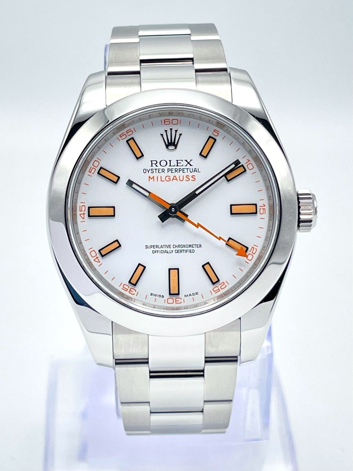 Rolex Milgauss 116400 40mm White Dial Smooth Bezel Stainless Steel Oyster Box