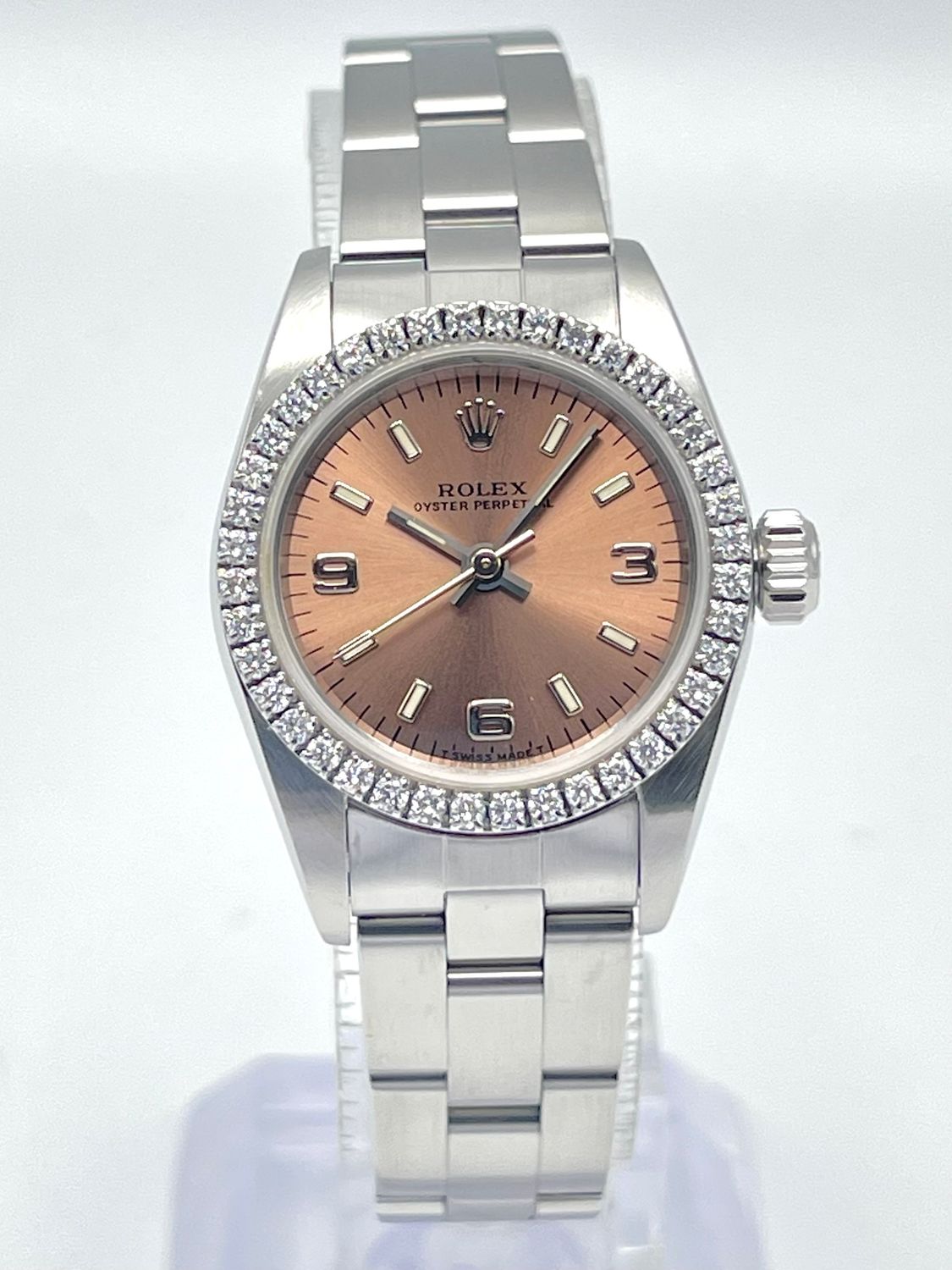 Rolex Oyster Perpetual 67180 24mm Salmon Arabic Dial Diamond Bezel Box