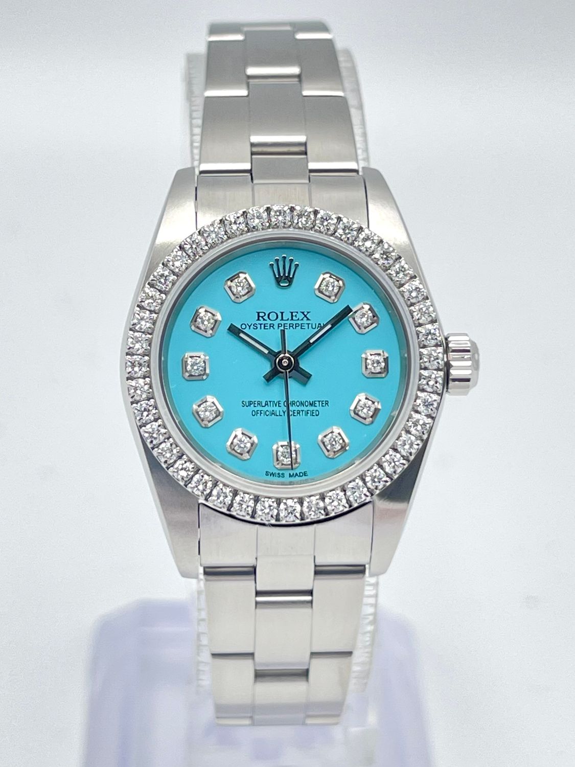 Rolex Oyster Perpetual 76080 24mm Blue Diamond Dial Diamond Bezel Box