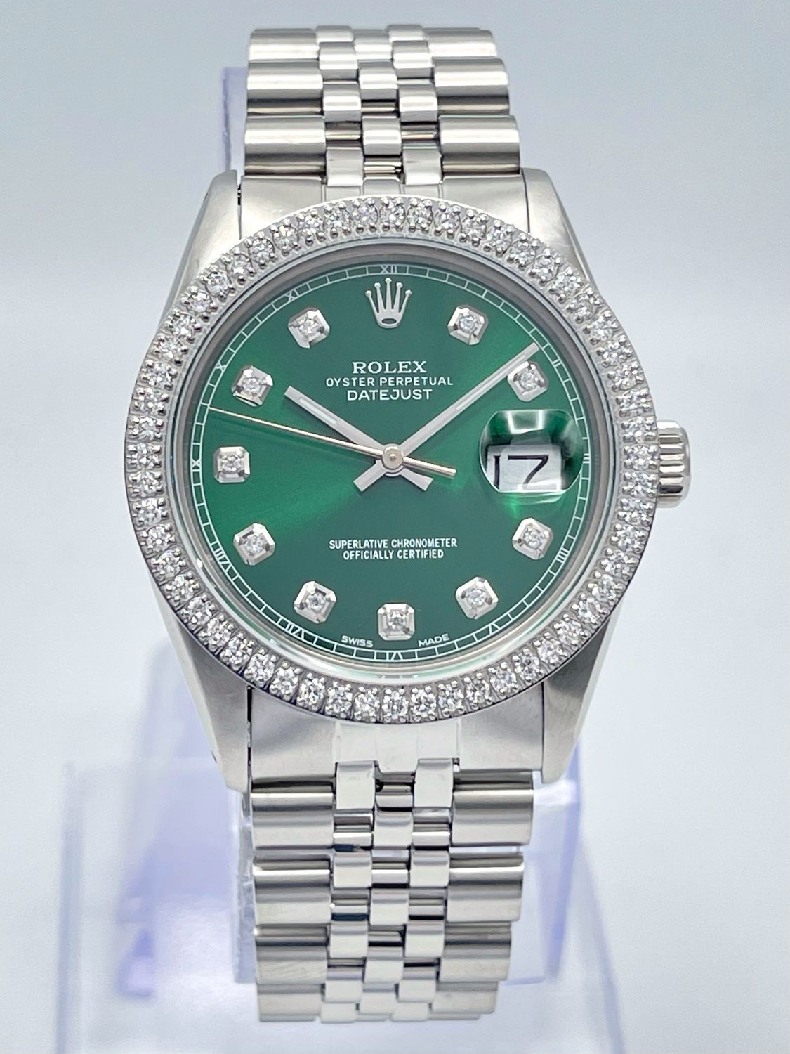 Rolex Datejust 16014 36mm Green Diamond Dial Diamond Bezel Jubilee Box
