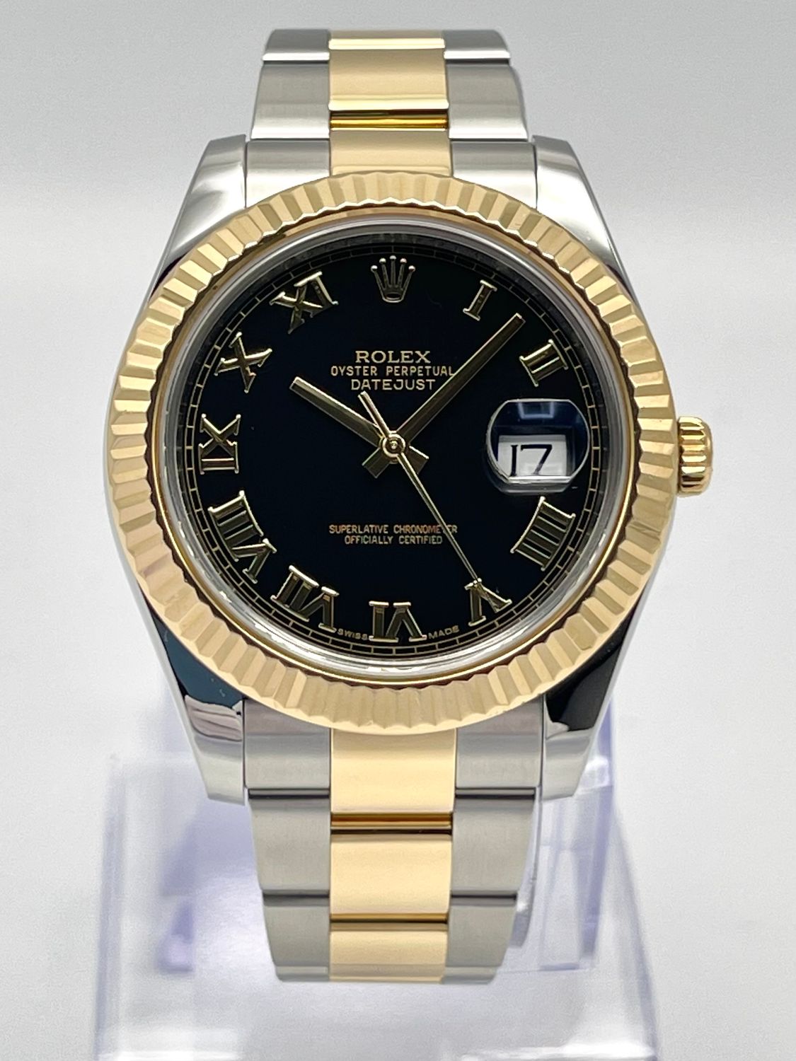 Gents Rolex Datejust II 116333 41mm Roman Black Dial Fluted Bi Metal Gold Papers