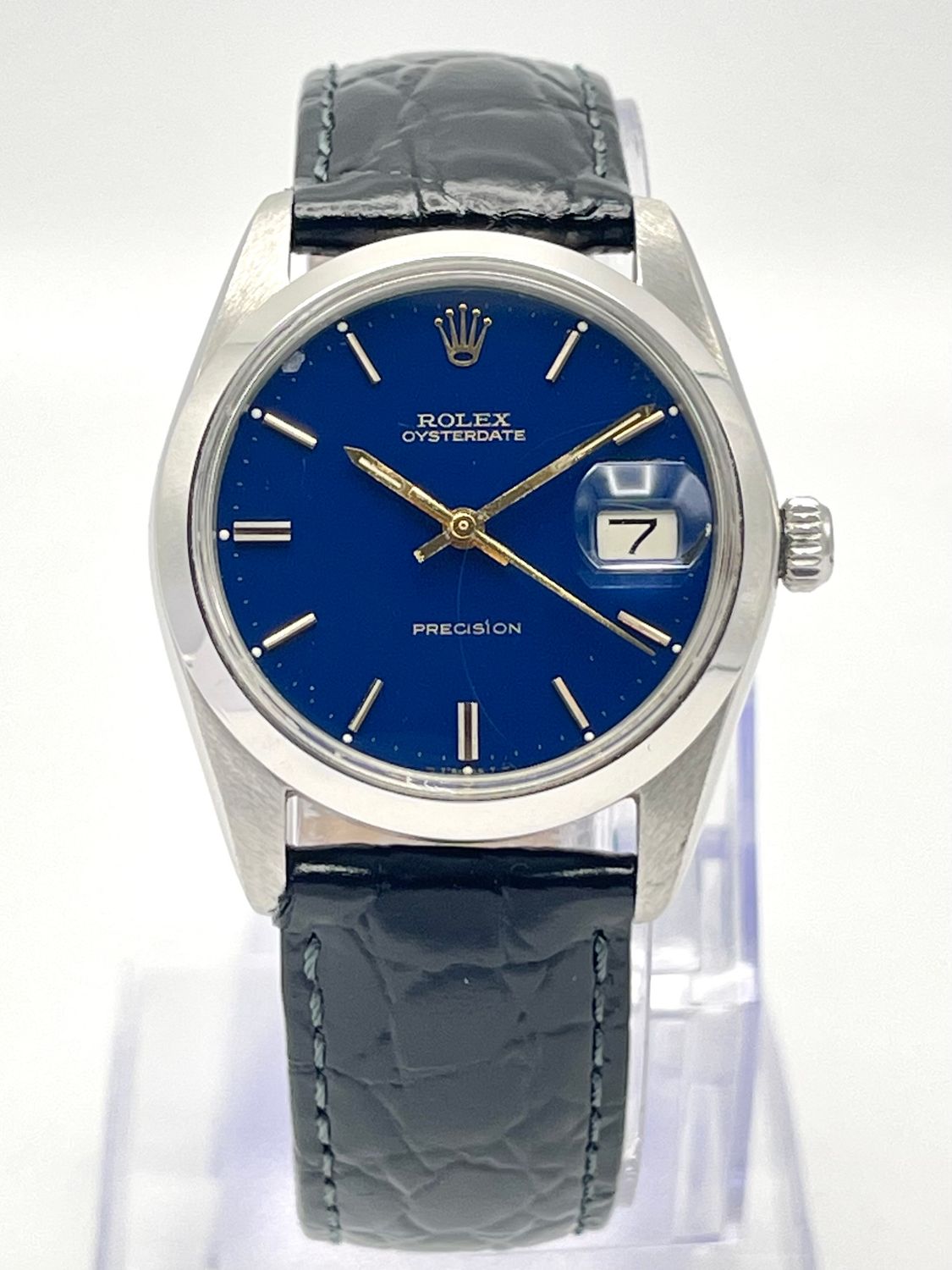 Rolex Oysterdate Precision 6694 Blue Baton Dial 34mm Steel Leather Strap Box
