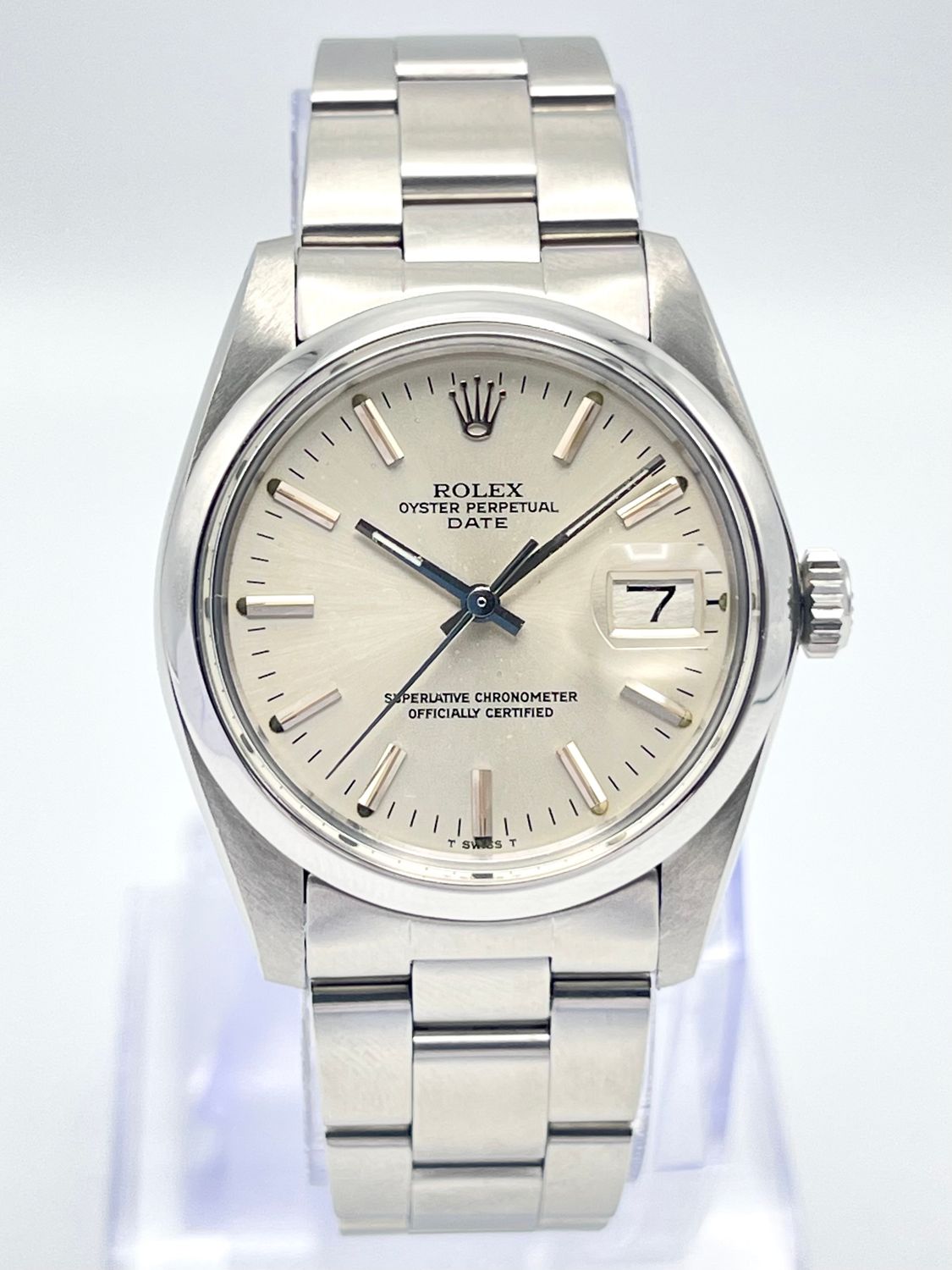 Rolex Oyster Date 34mm 1500 Silver Baton Dial &amp; Smooth Bezel Oyster Bracelet
