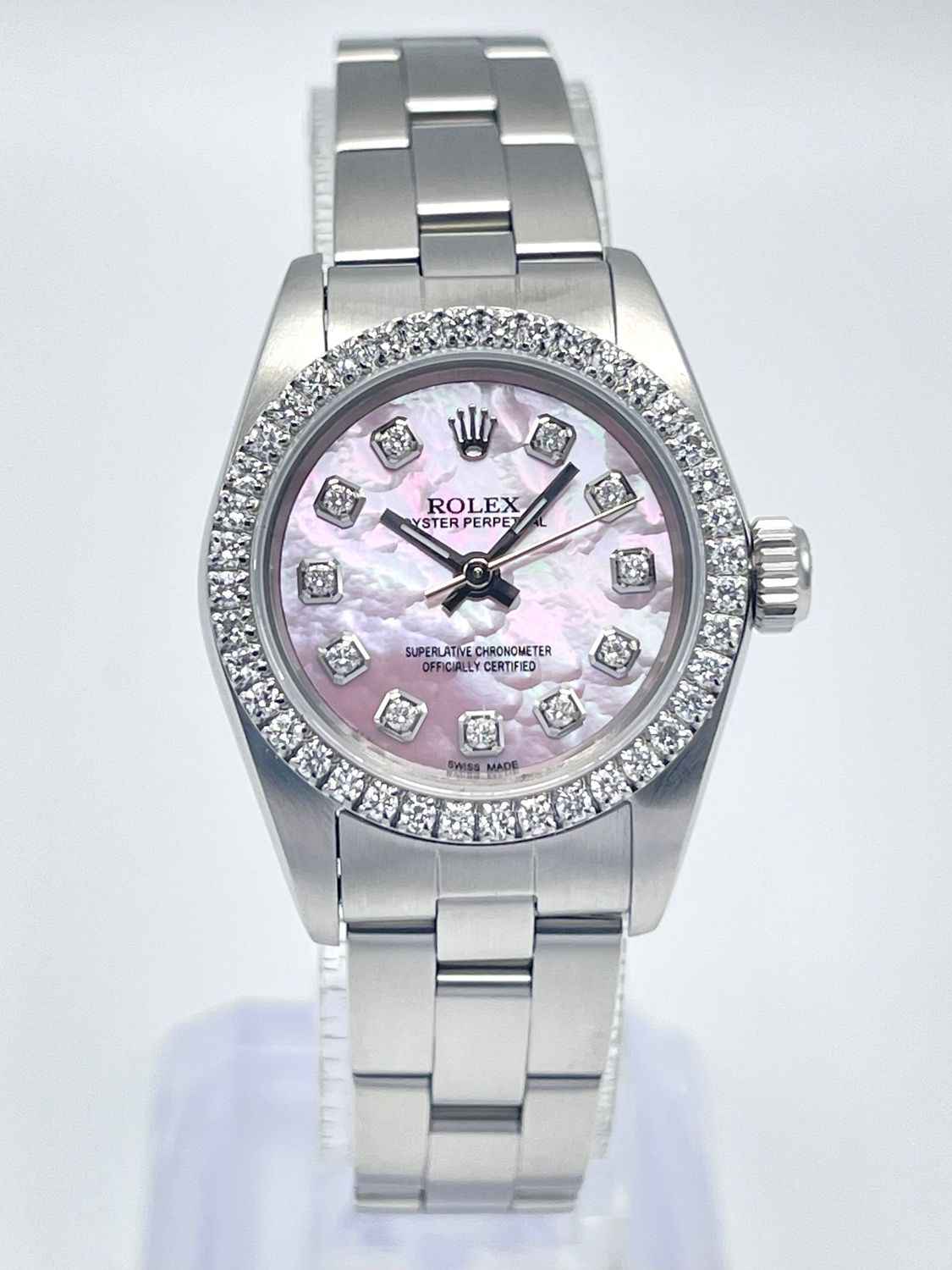 Ladies Rolex Oyster Perpetual 67194 24mm Pink MOP Diamond Dial Diamond Bezel Box