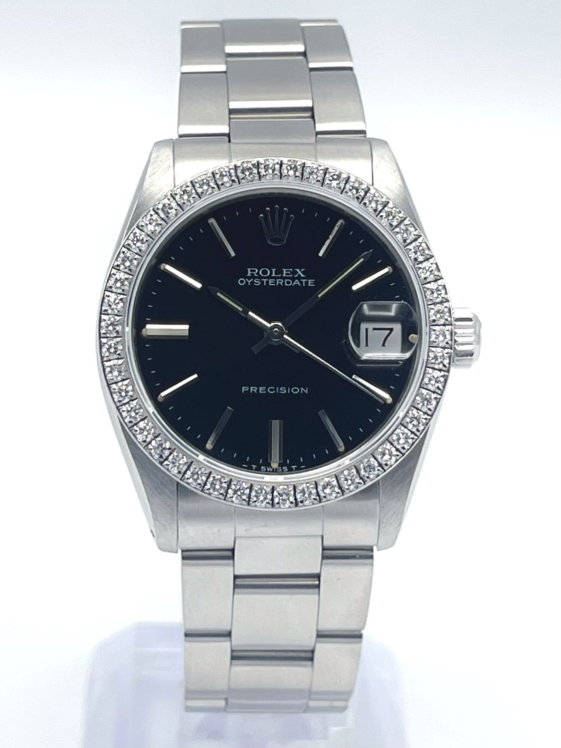 Ladies Rolex OysterDate Precision 31mm 6466 Black Baton Dial Diamond Bezel