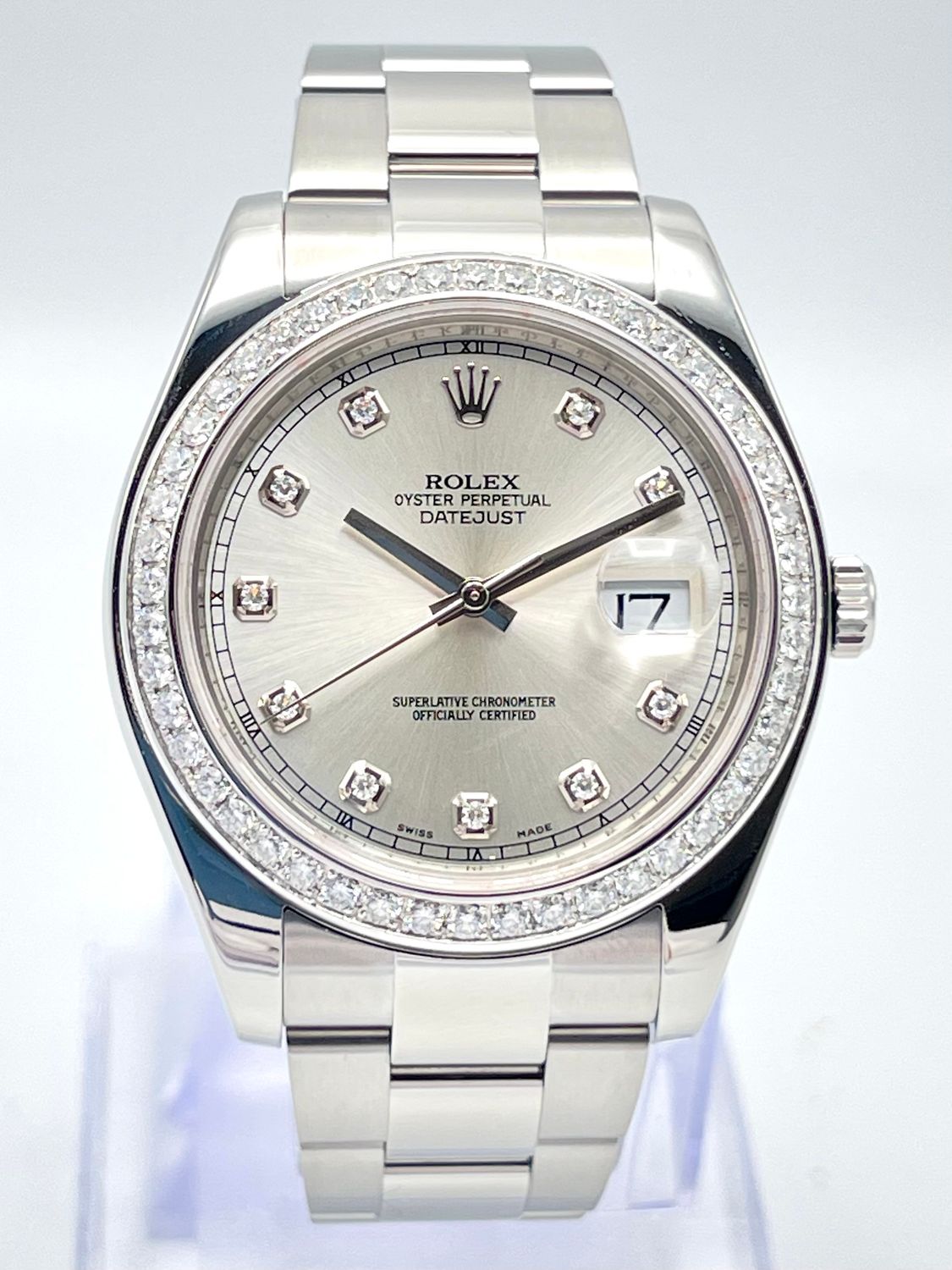 Rolex Datejust II 41mm Stainless Silver Diamond Dial Custom Bezel 116334 Box