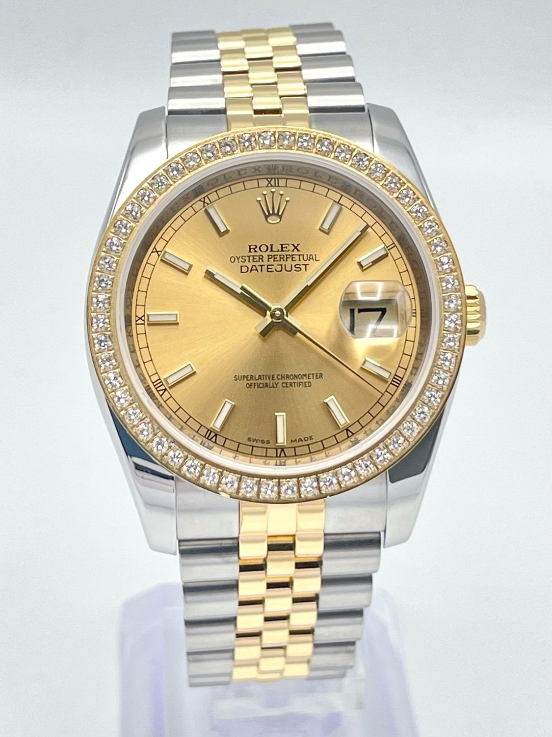 Rolex Datejust 116233 36mm Champagne Baton Dial Diamond Bezel Two-Tone Box
