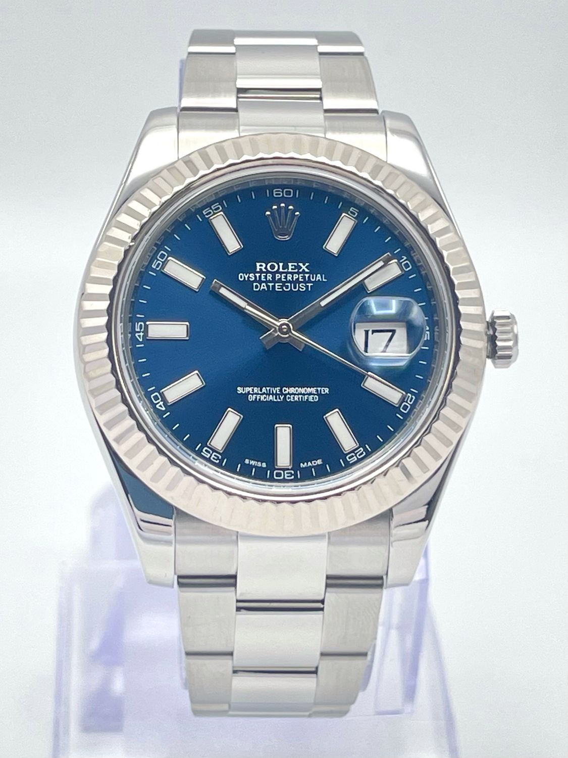 Rolex Datejust II 41mm Stainless Steel Blue Baton Dial Fluted Bezel 116334 Box