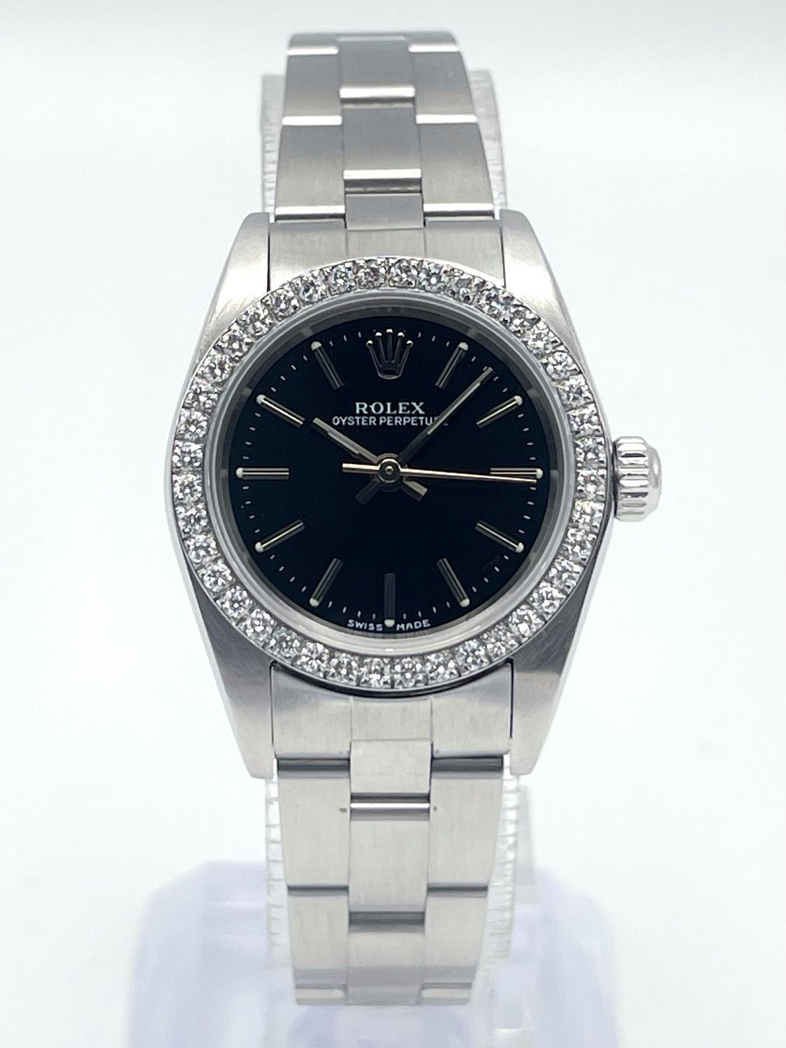 Rolex Oyster Perpetual 76080 24mm Black Baton Dial Diamond Bezel Box