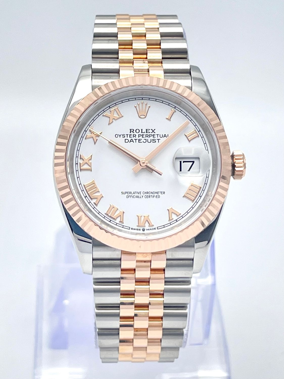 Rolex Datejust 126231 36mm White Roman Dial Rose Gold Jubilee Fluted Papers