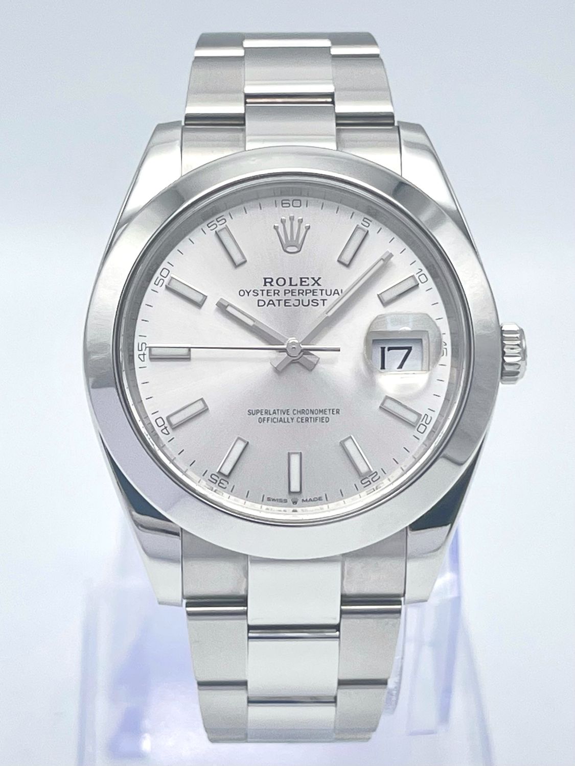 Rolex Datejust 126300 41mm Silver Baton Dial Smooth Bezel Stainless Papers 2020