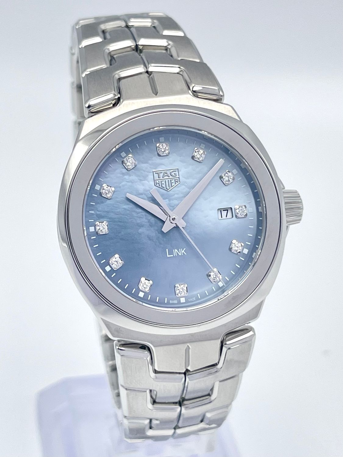 Ladies Tag Heuer Link WBC1313 32mm Blue Mother of Pearl Diamond Dial Papers