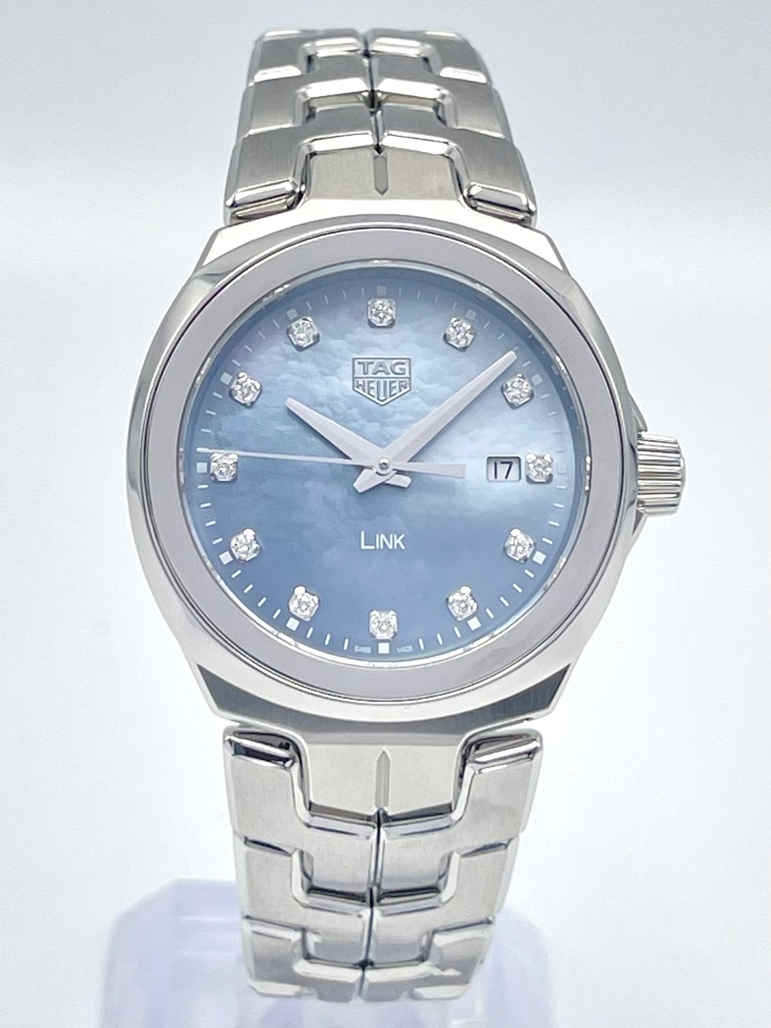 Ladies Tag Heuer Link WBC1313 32mm Blue Mother of Pearl Diamond Dial Papers