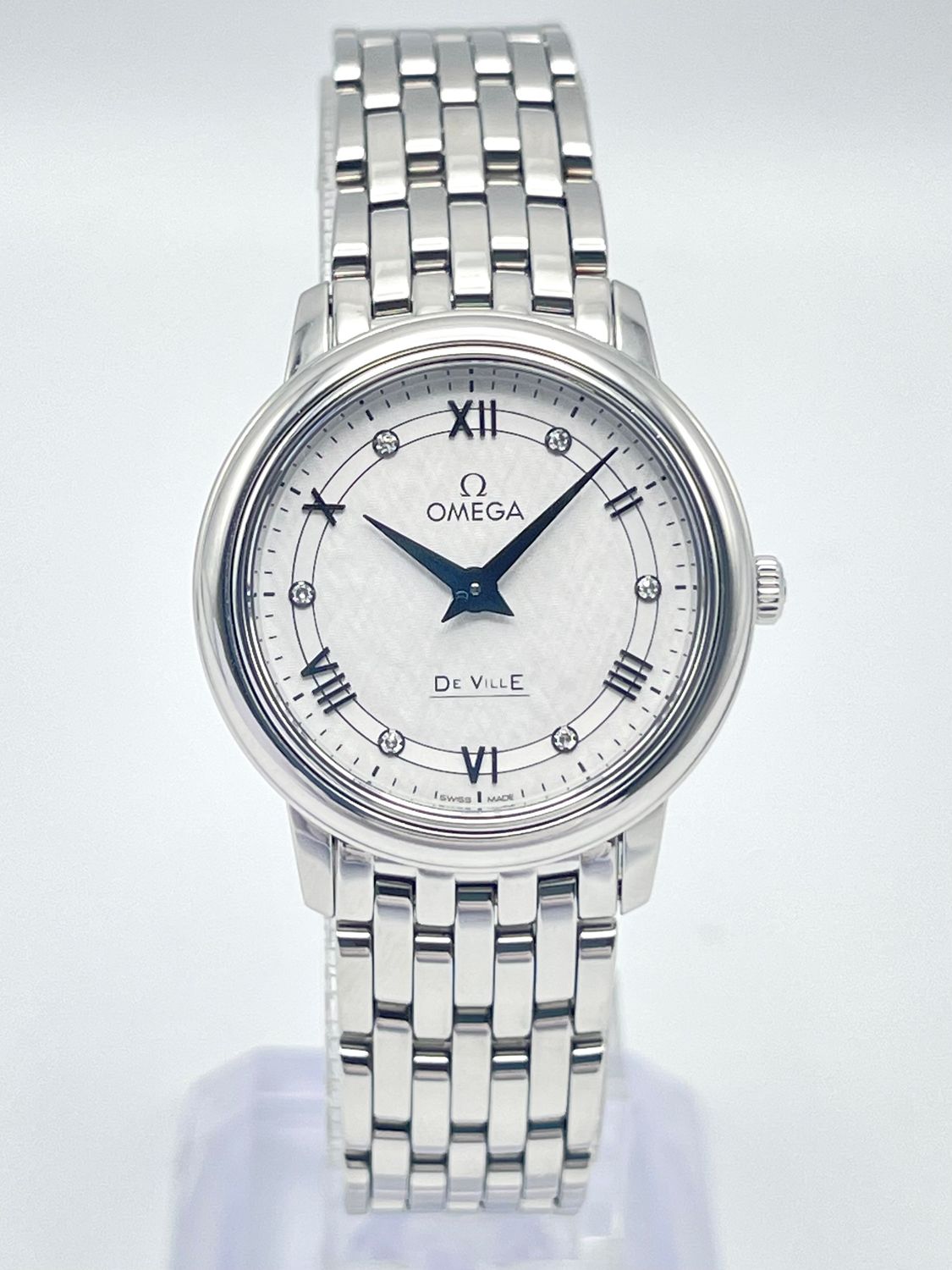 Omega De Ville 27.4mm Roman Diamond Silver Dial Quartz Watch Steel Papers