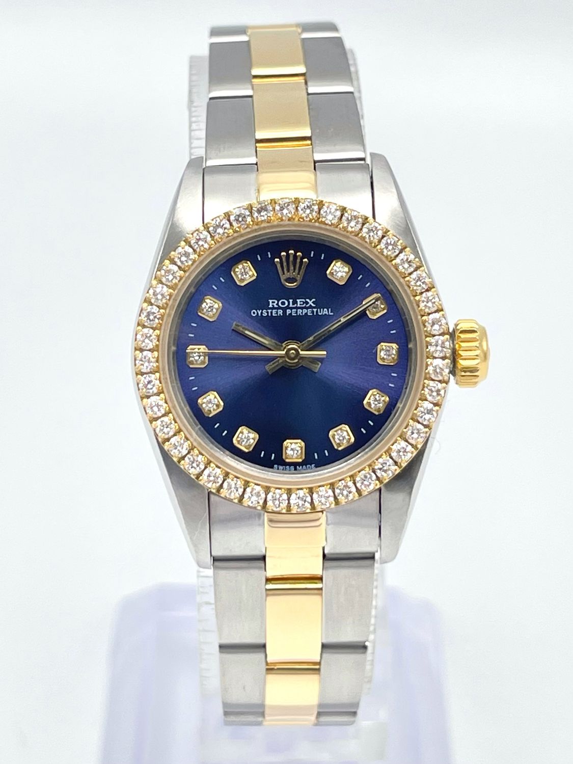Rolex Oyster Perpetual 67193 24mm Blue Diamond Dial Diamond Bezel Two Tone Box