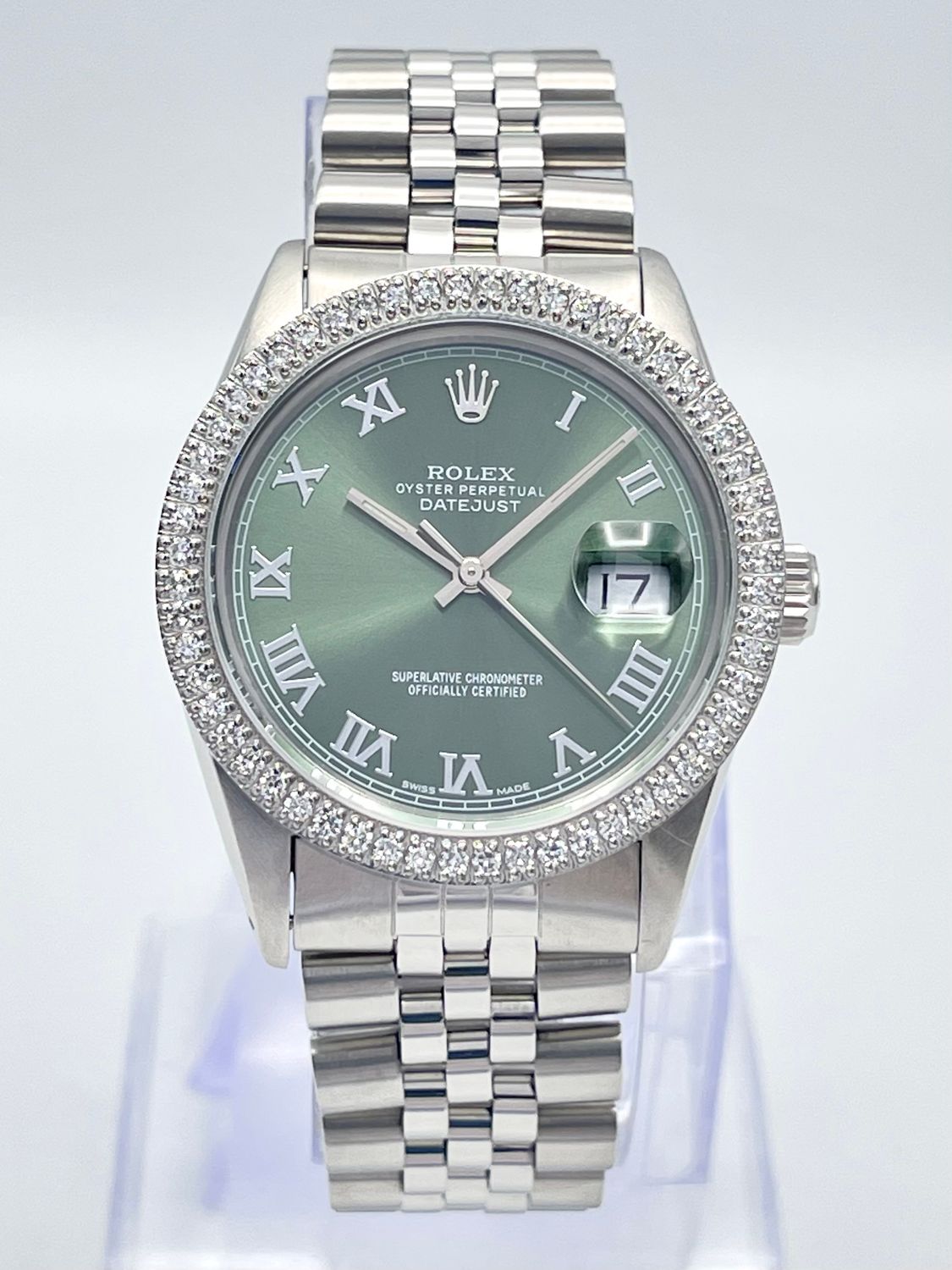 Rolex Datejust 16014 36mm Olive Roman Dial Diamond Bezel Jubilee Box