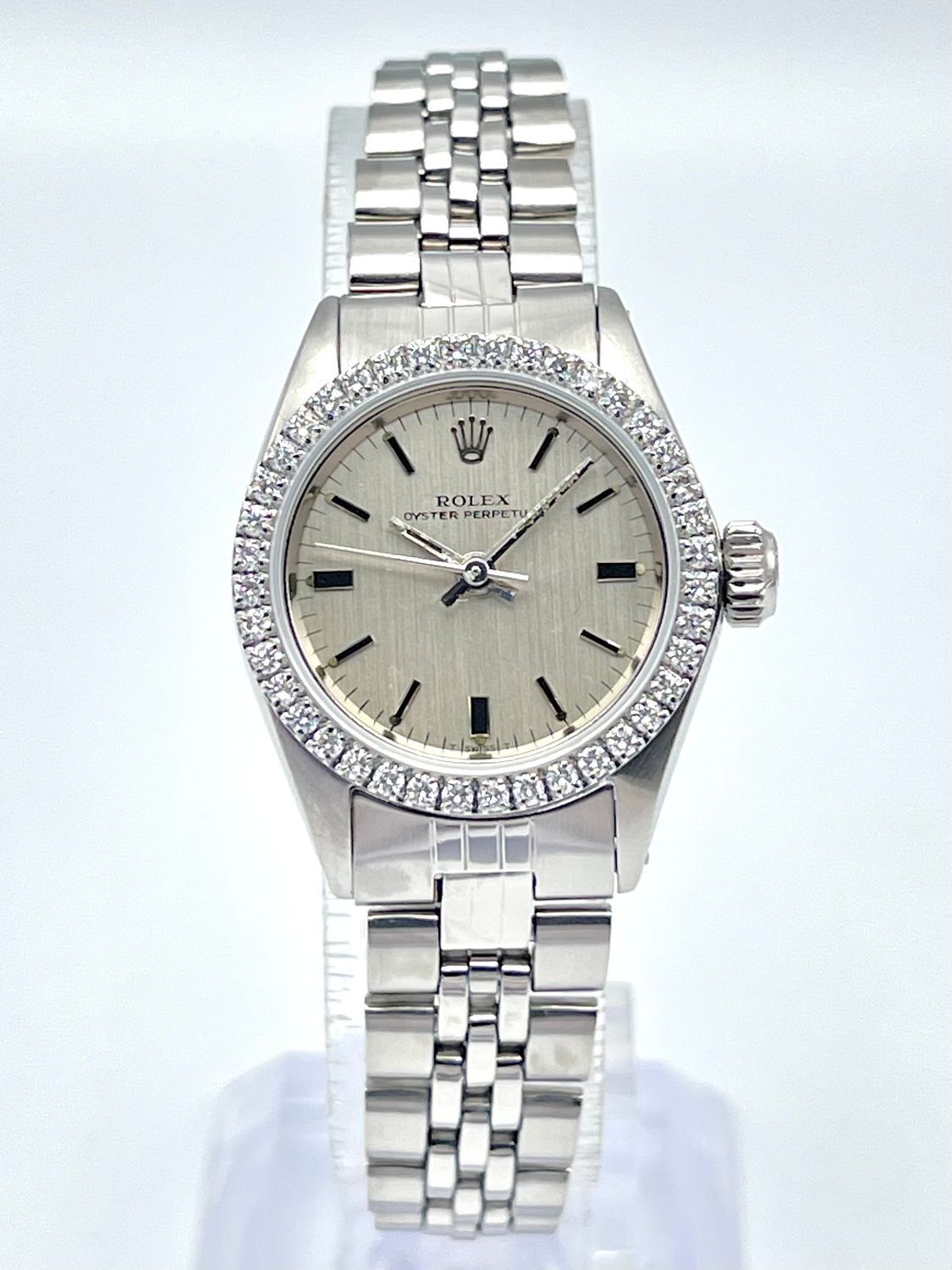 Rolex Oyster Perpetual 24mm 6619 Silver Baton Dial Diamond Bezel Jubilee Box