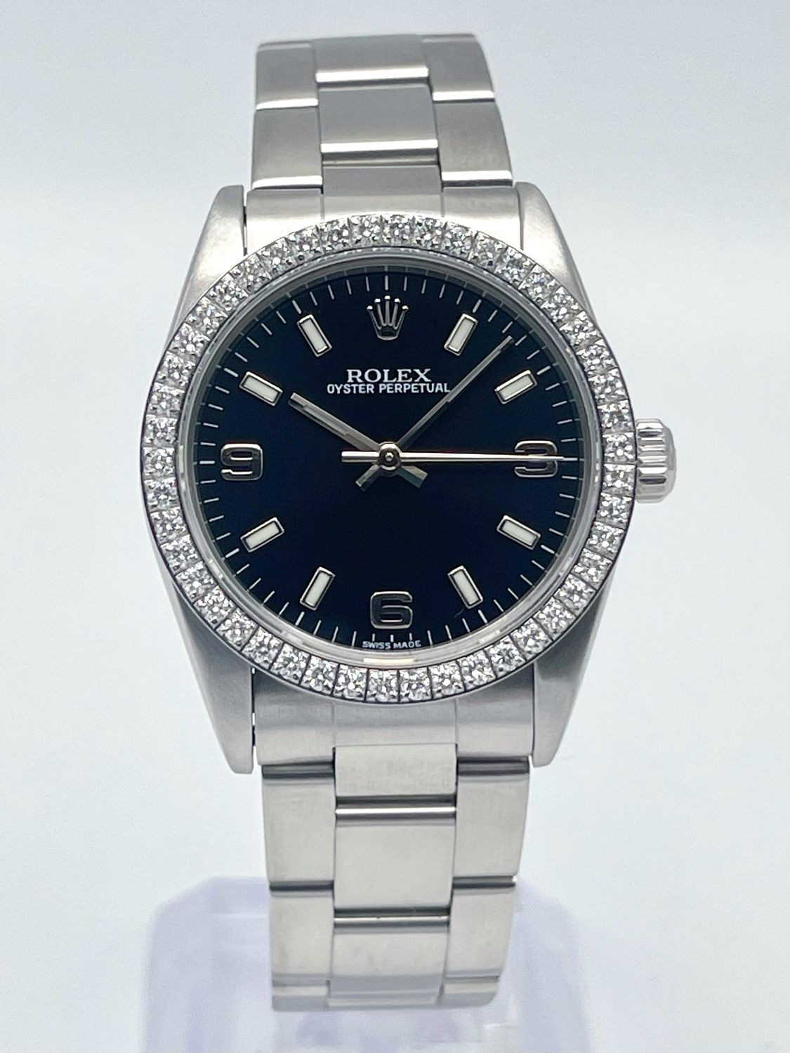 Ladies Rolex Oyster Perpetual 77080 31mm Black Arabic 3 6 9 Dial Diamond Bezel