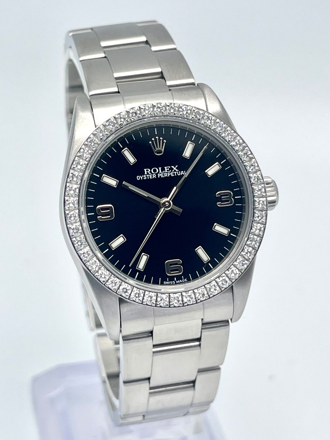 Ladies Rolex Oyster Perpetual 77080 31mm Black Arabic 3 6 9 Dial Diamond Bezel