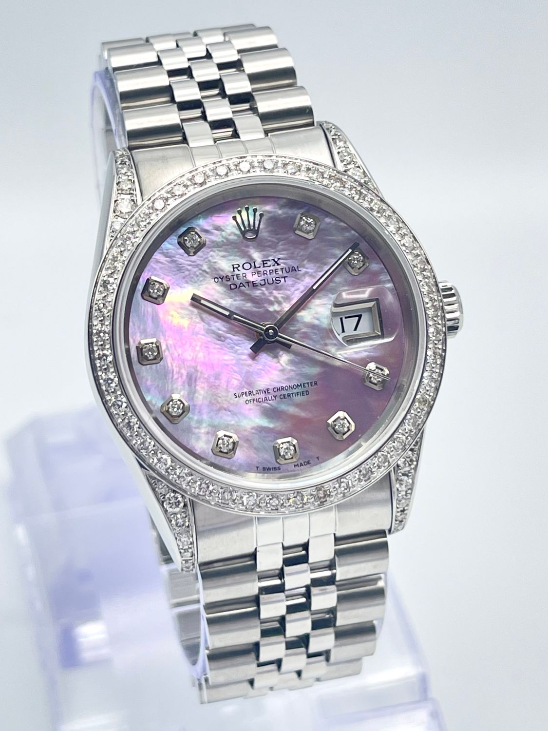 Rolex Datejust 16234 36mm Pink MOP Diamond Dial Diamond Bezel &amp; Shoulders Box