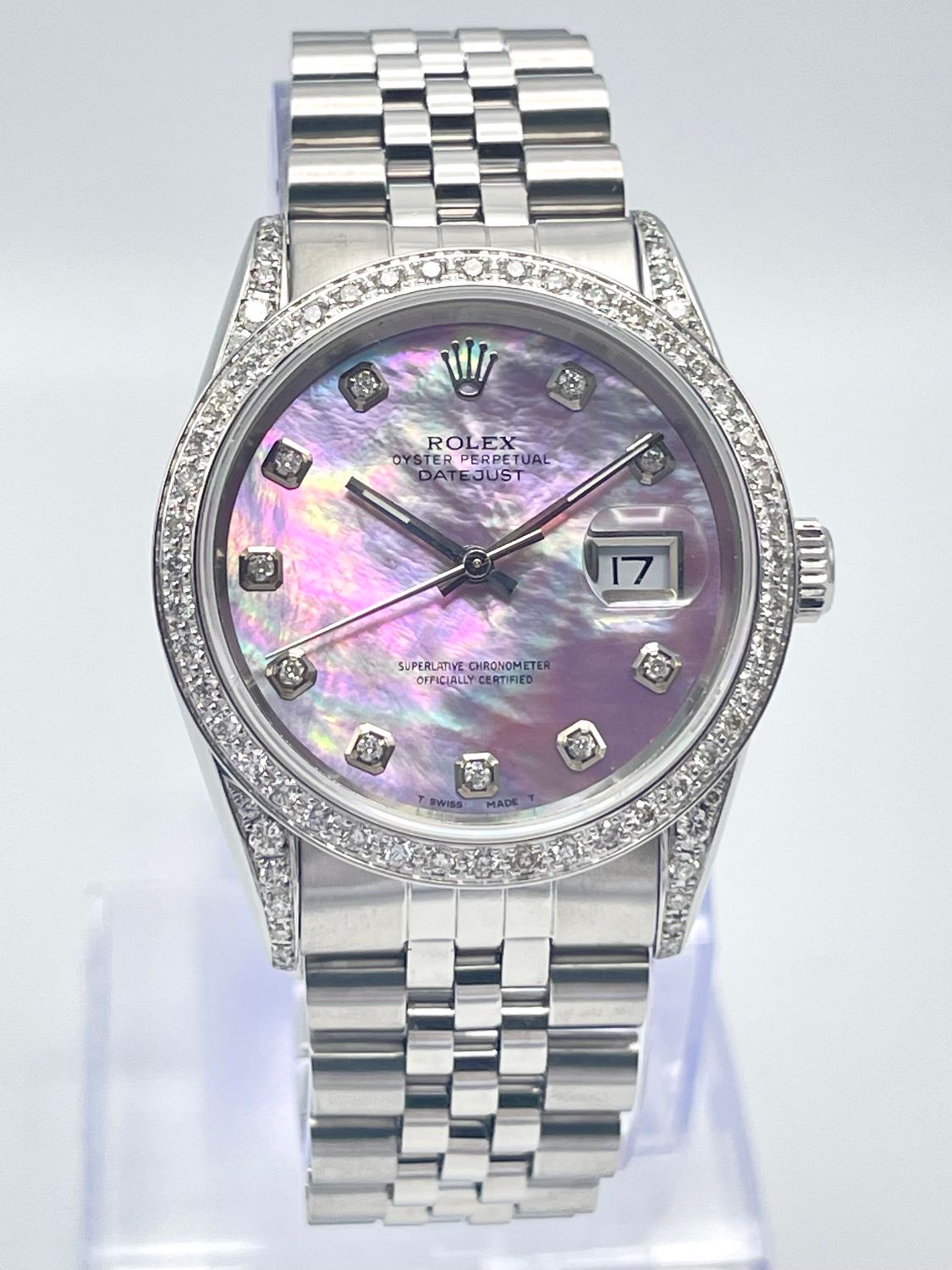 Rolex Datejust 16234 36mm Pink MOP Diamond Dial Diamond Bezel &amp; Shoulders Box