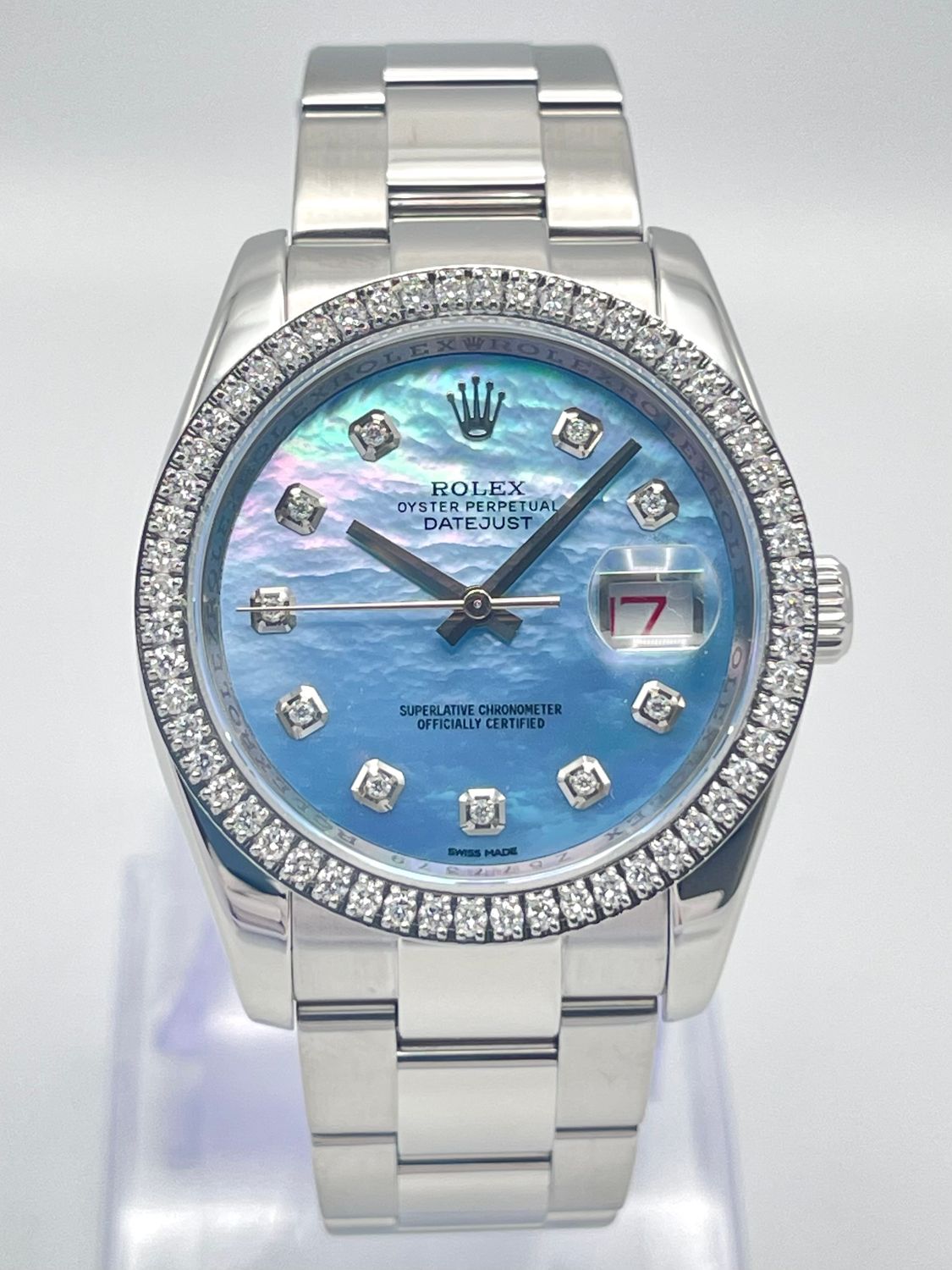 Rolex Datejust 116200 36mm Blue MOP Diamond Dial &amp; Diamond Bezel Oyster Papers
