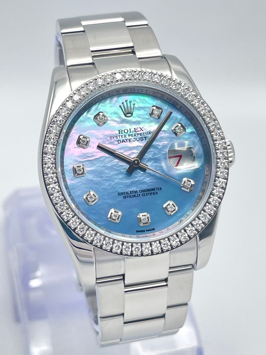 Rolex Datejust 116200 36mm Blue MOP Diamond Dial &amp; Diamond Bezel Oyster Papers